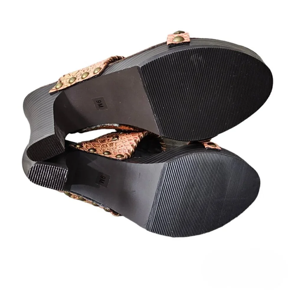 Amanda Smith Salmon Topaz Bead Adorned Leather Boho Platform Heel Sandal NEW